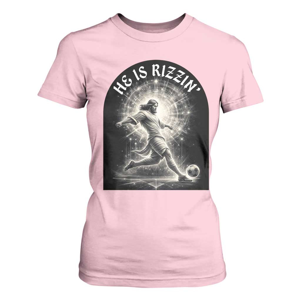 He Is Rizzin T Shirt For Women Funny Christian Faith Soccer Player Gift TS12 Light Pink Print Your Wear