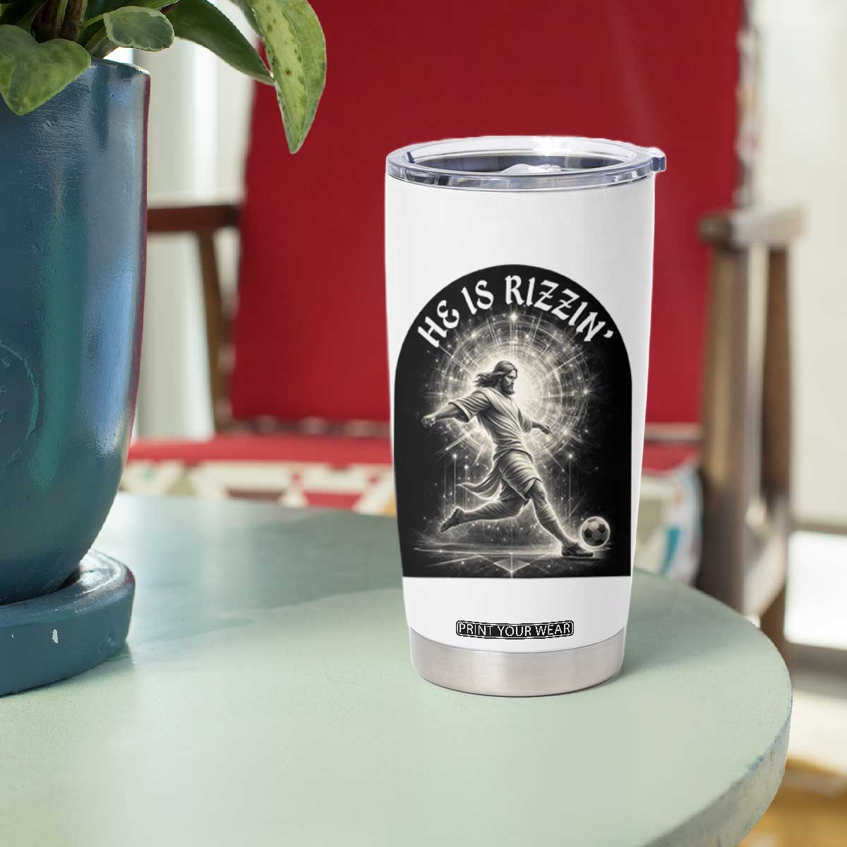 He Is Rizzin Tumbler Cup Funny Christian Faith Soccer Player Gift TS12 Print Your Wear