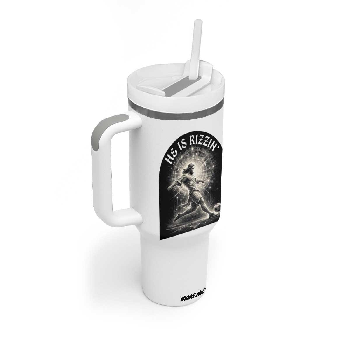 He Is Rizzin Tumbler With Handle Funny Christian Faith Soccer Player Gift TS12 Print Your Wear