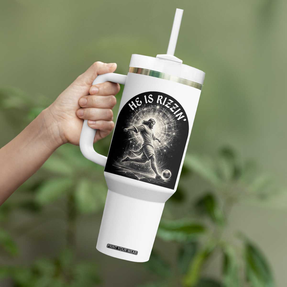 He Is Rizzin Tumbler With Handle Funny Christian Faith Soccer Player Gift TS12 Print Your Wear
