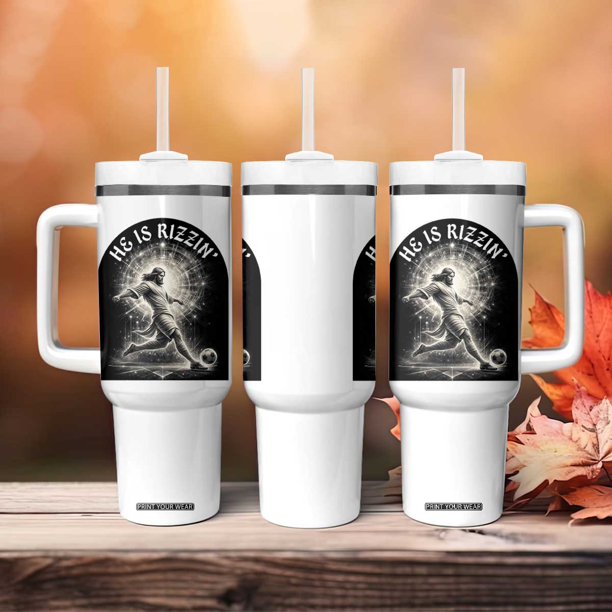 He Is Rizzin Tumbler With Handle Funny Christian Faith Soccer Player Gift TS12 Print Your Wear