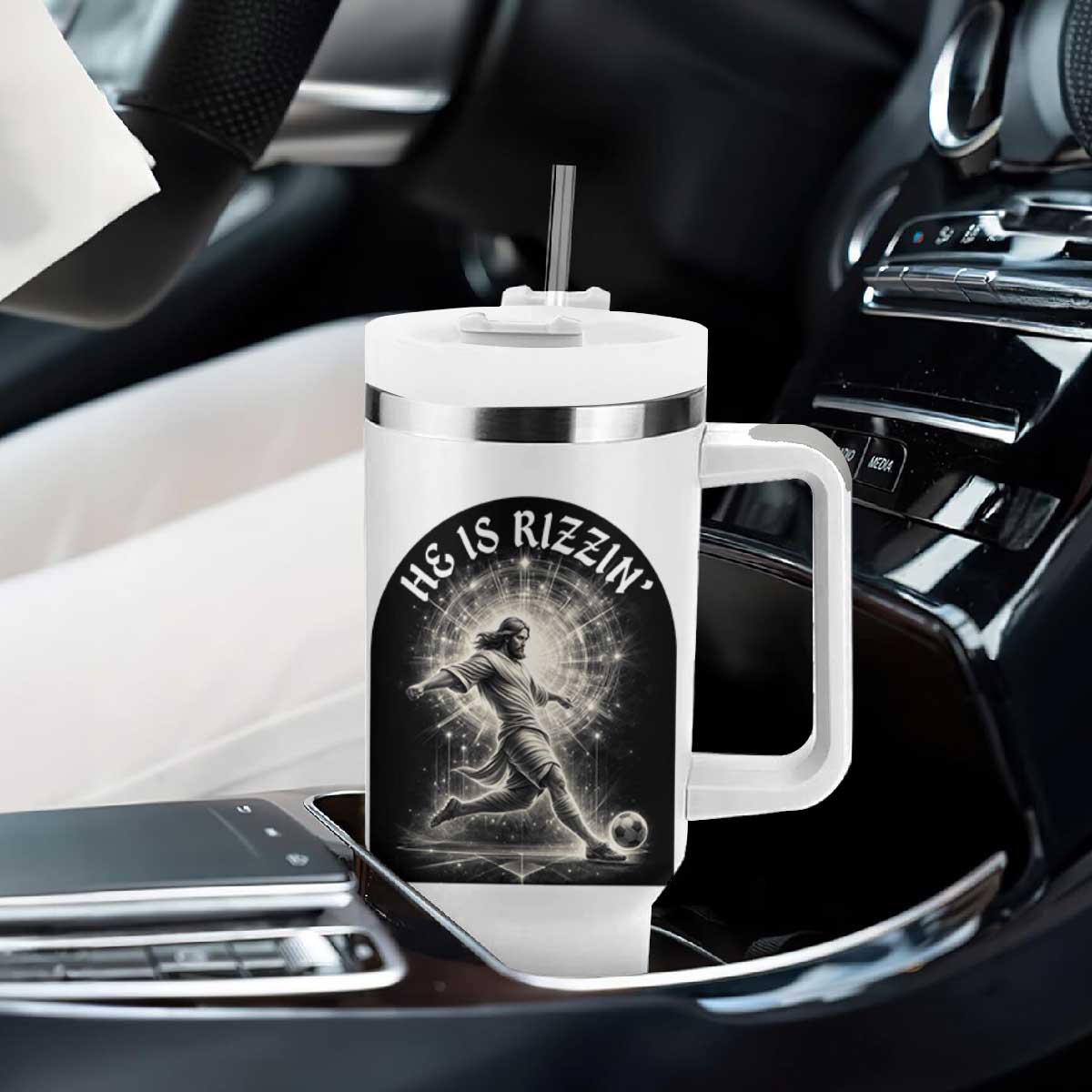 He Is Rizzin Tumbler With Handle Funny Christian Faith Soccer Player Gift TS12 Print Your Wear