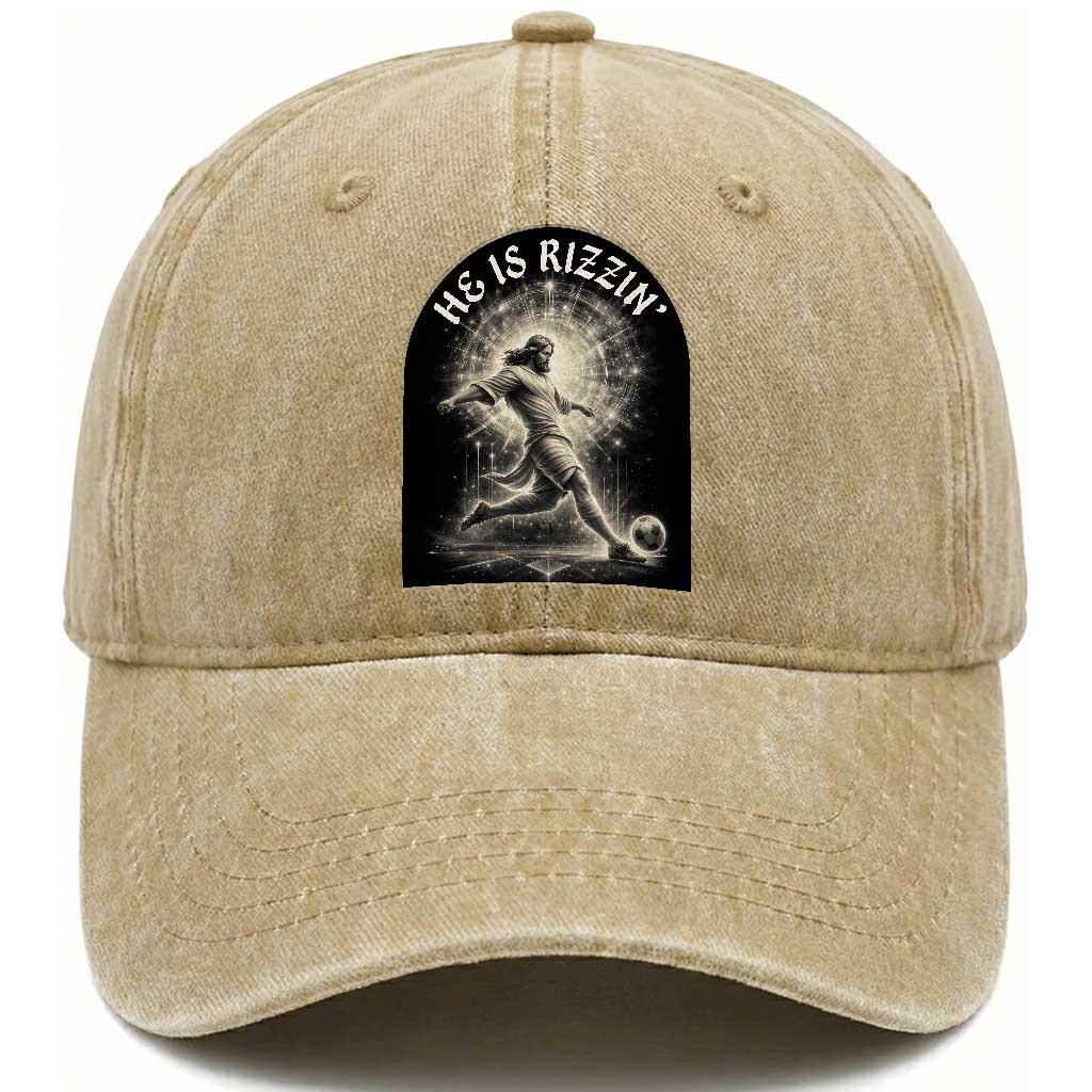 He Is Rizzin Washed Cotton Baseball Cap Funny Christian Faith Soccer Player Gift TS12 Print Your Wear