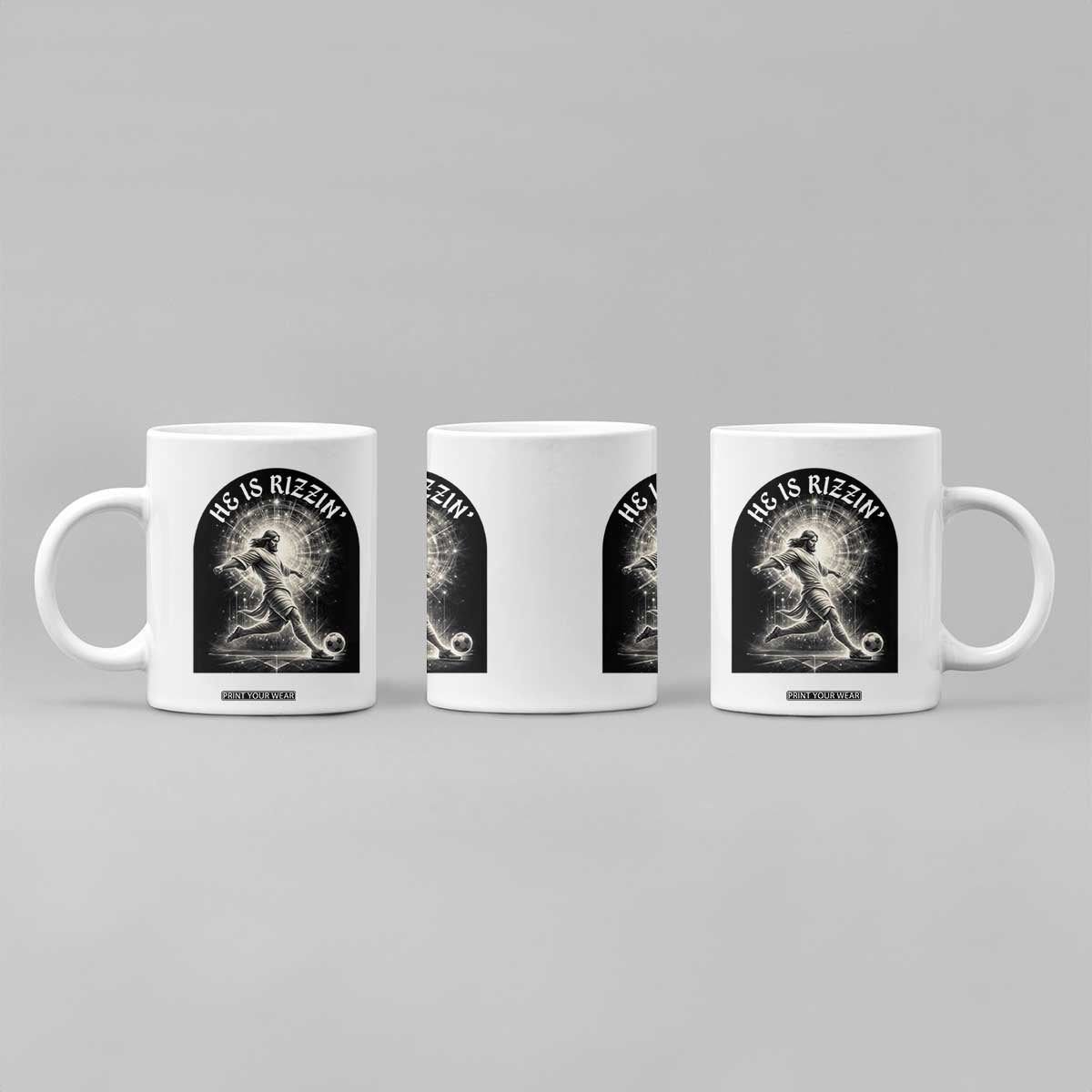 He Is Rizzin Coffee Mug Funny Christian Faith Soccer Player Gift TS12 Print Your Wear