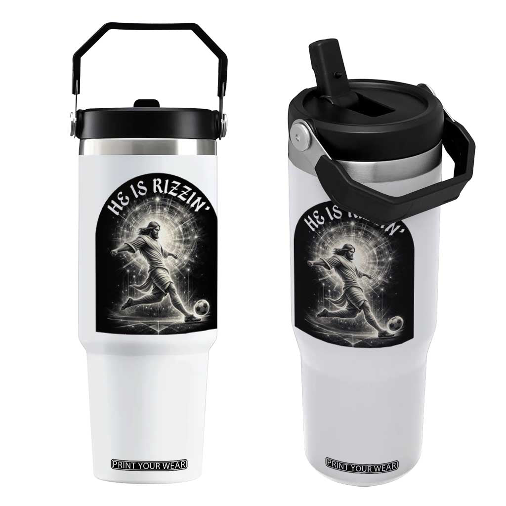 He Is Rizzin Flip Straw Tumbler Funny Christian Faith Soccer Player Gift TS12 One Size: 30 oz White Print Your Wear