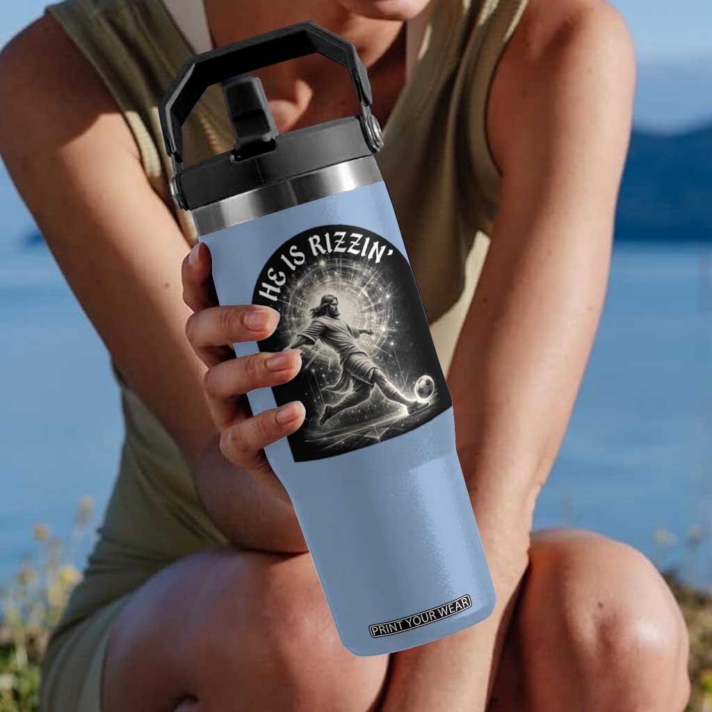 He Is Rizzin Flip Straw Tumbler Funny Christian Faith Soccer Player Gift TS12 One Size: 30 oz Light Blue Print Your Wear