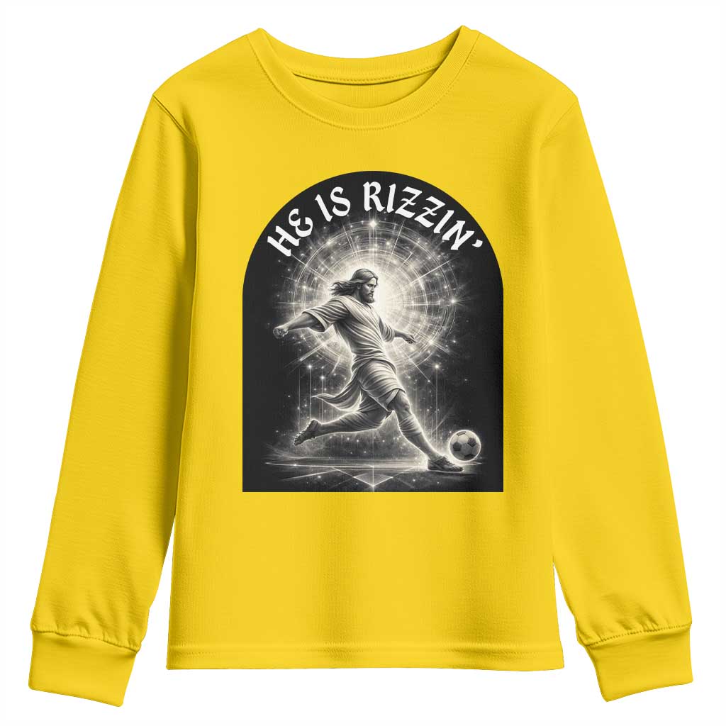 He Is Rizzin Youth Sweatshirt Funny Christian Faith Soccer Player Gift TS12 Daisy Print Your Wear