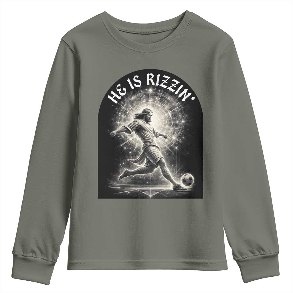 He Is Rizzin Youth Sweatshirt Funny Christian Faith Soccer Player Gift TS12 Military Green Print Your Wear