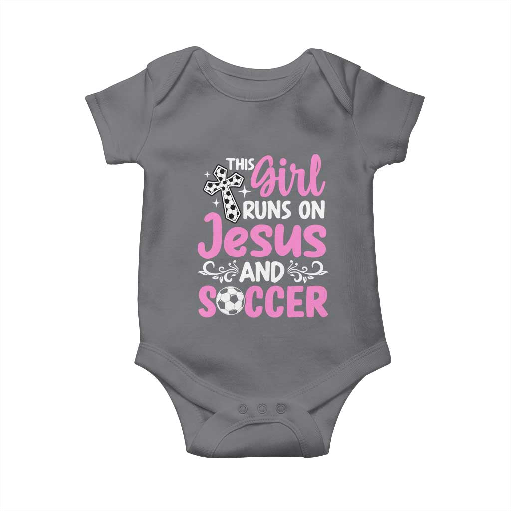 This Girl Runs On Jesus And Soccer Baby Onesie Christian Soccer Mom TS12 Charcoal Print Your Wear