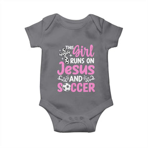 This Girl Runs On Jesus And Soccer Baby Onesie Christian Soccer Mom TS12 Charcoal Print Your Wear
