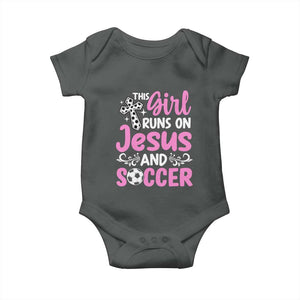 This Girl Runs On Jesus And Soccer Baby Onesie Christian Soccer Mom TS12 Dark Heather Print Your Wear