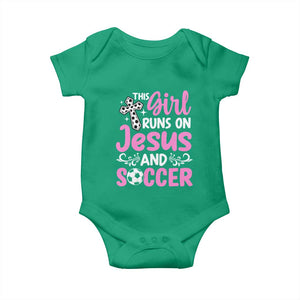 This Girl Runs On Jesus And Soccer Baby Onesie Christian Soccer Mom TS12 Irish Green Print Your Wear