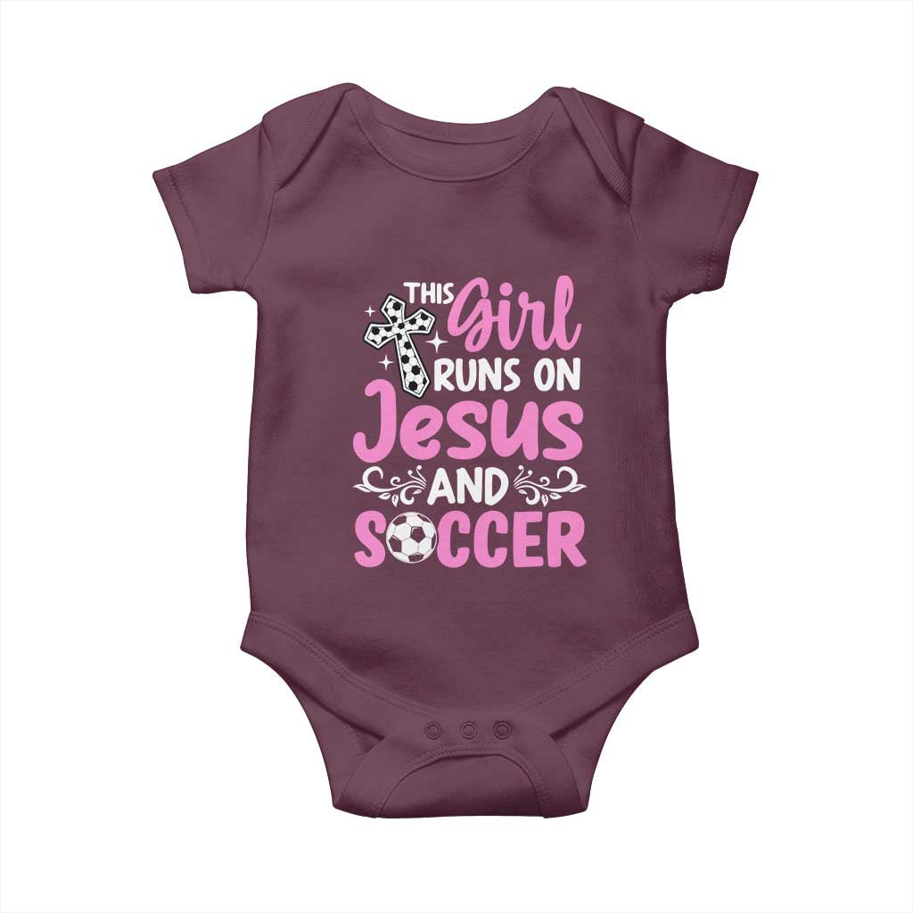 This Girl Runs On Jesus And Soccer Baby Onesie Christian Soccer Mom TS12 Maroon Print Your Wear