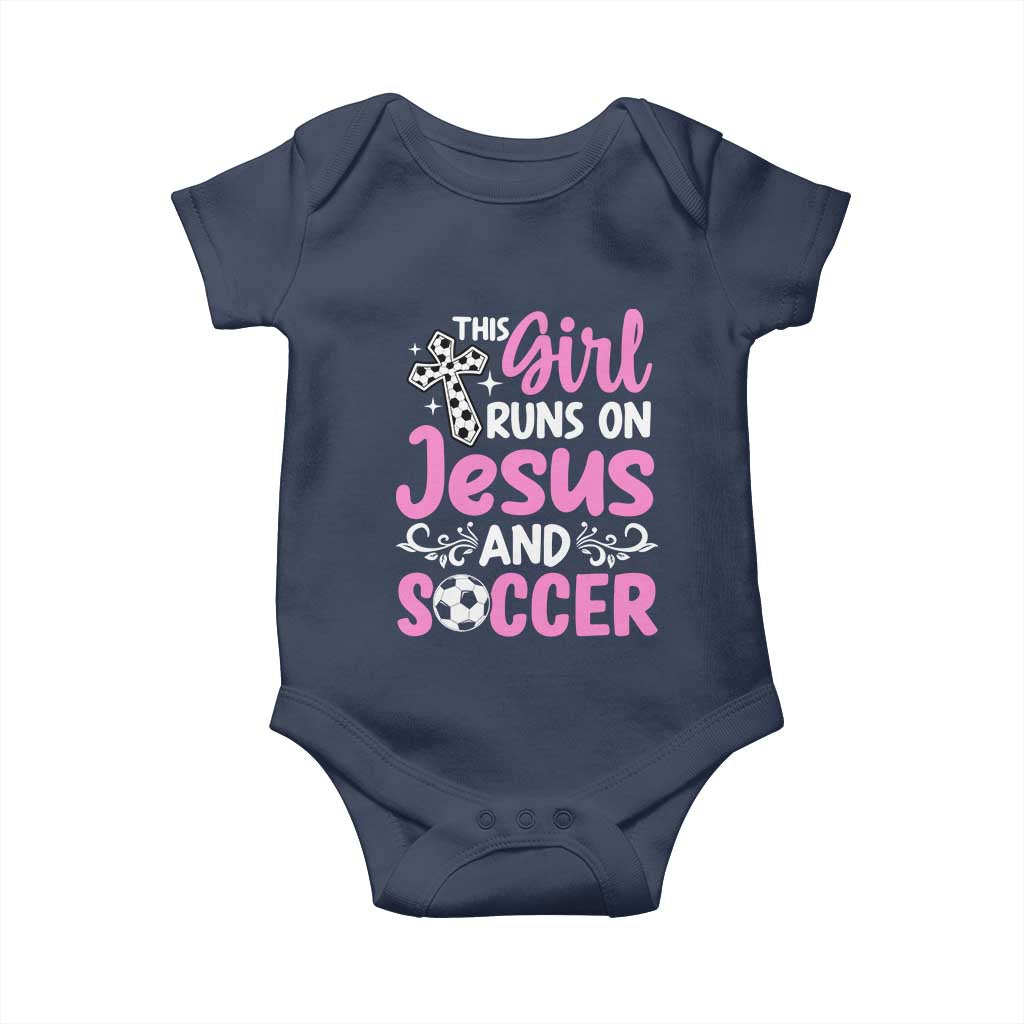 This Girl Runs On Jesus And Soccer Baby Onesie Christian Soccer Mom TS12 Navy Print Your Wear
