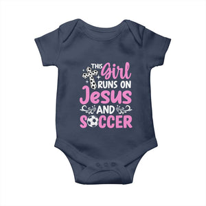 This Girl Runs On Jesus And Soccer Baby Onesie Christian Soccer Mom TS12 Navy Print Your Wear