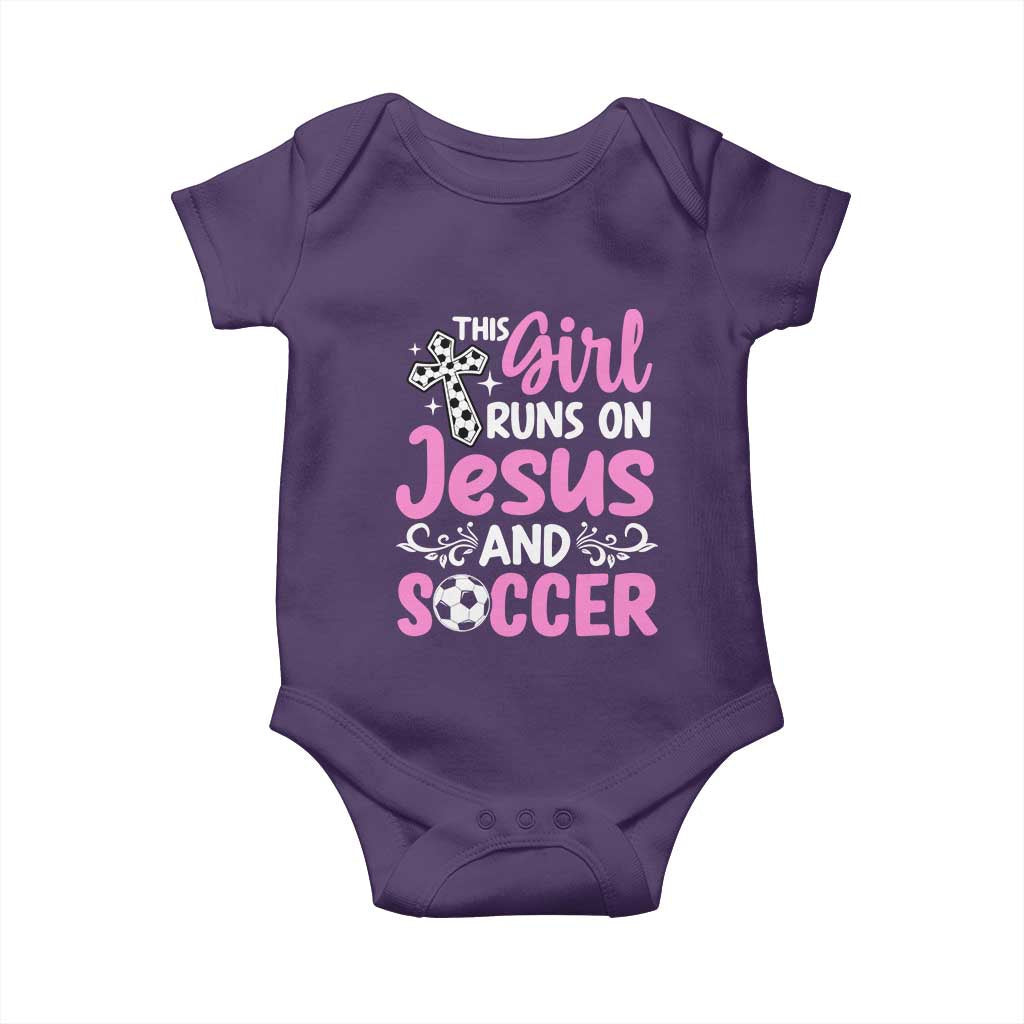 This Girl Runs On Jesus And Soccer Baby Onesie Christian Soccer Mom TS12 Purple Print Your Wear