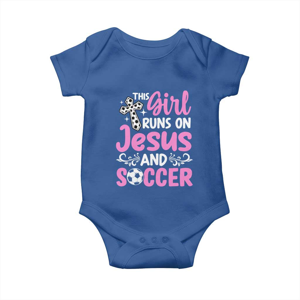 This Girl Runs On Jesus And Soccer Baby Onesie Christian Soccer Mom TS12 Royal Blue Print Your Wear