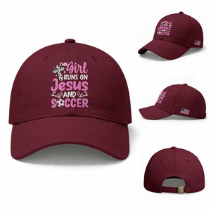 This Girl Runs On Jesus And Soccer Baseball Cap Christian Soccer Mom TS12 Baseball Cap Universal Fit Maroon Print Your Wear