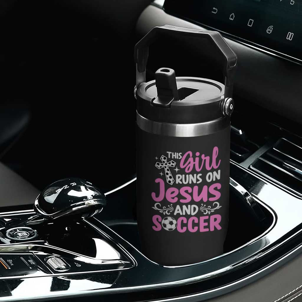 This Girl Runs On Jesus And Soccer Flip Straw Tumbler Christian Soccer Mom TS12 Print Your Wear