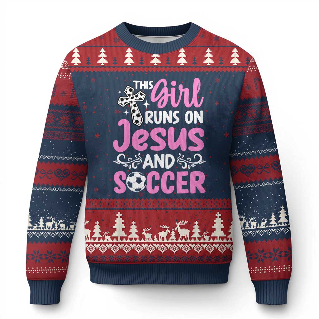 This Girl Runs On Jesus And Soccer Ugly Christmas Sweater Christian Soccer Mom TS12 Navy Red Print Your Wear