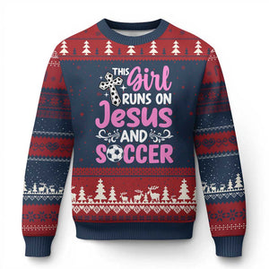 This Girl Runs On Jesus And Soccer Ugly Christmas Sweater Christian Soccer Mom TS12 Navy Red Print Your Wear