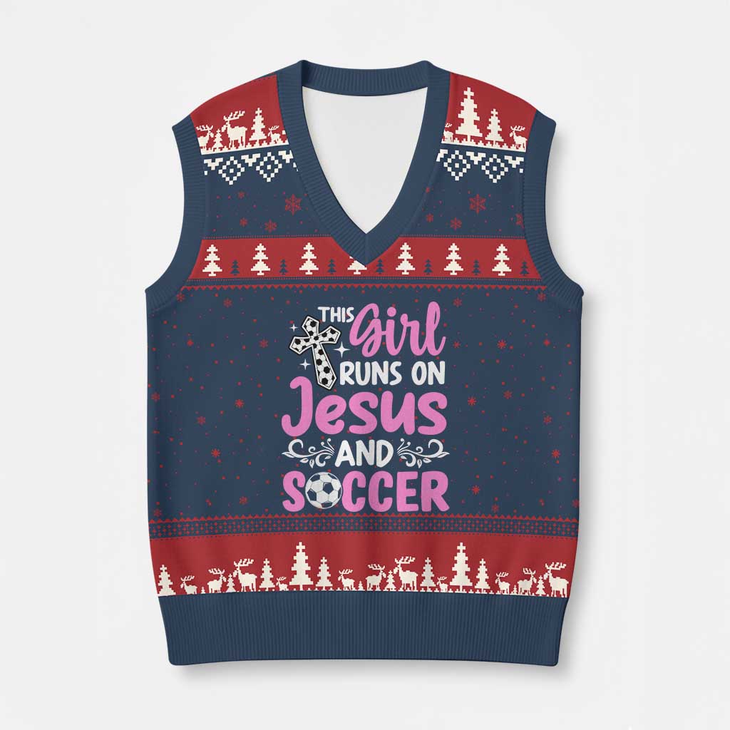This Girl Runs On Jesus And Soccer V-Neck Knit Sweater Vest Christian Soccer Mom TS12 Navy Red Print Your Wear