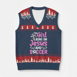 This Girl Runs On Jesus And Soccer V-Neck Knit Sweater Vest Christian Soccer Mom TS12 Navy Red Print Your Wear