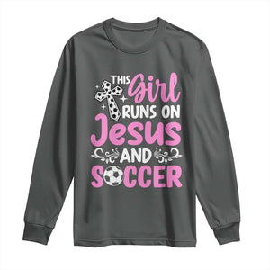 This Girl Runs On Jesus And Soccer Long Sleeve Shirt Christian Soccer Mom TS12 Dark Heather Print Your Wear