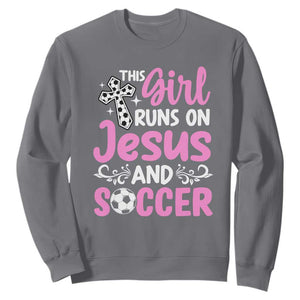 This Girl Runs On Jesus And Soccer Sweatshirt Christian Soccer Mom TS12 Charcoal Print Your Wear