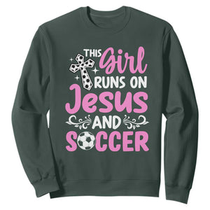 This Girl Runs On Jesus And Soccer Sweatshirt Christian Soccer Mom TS12 Dark Forest Green Print Your Wear