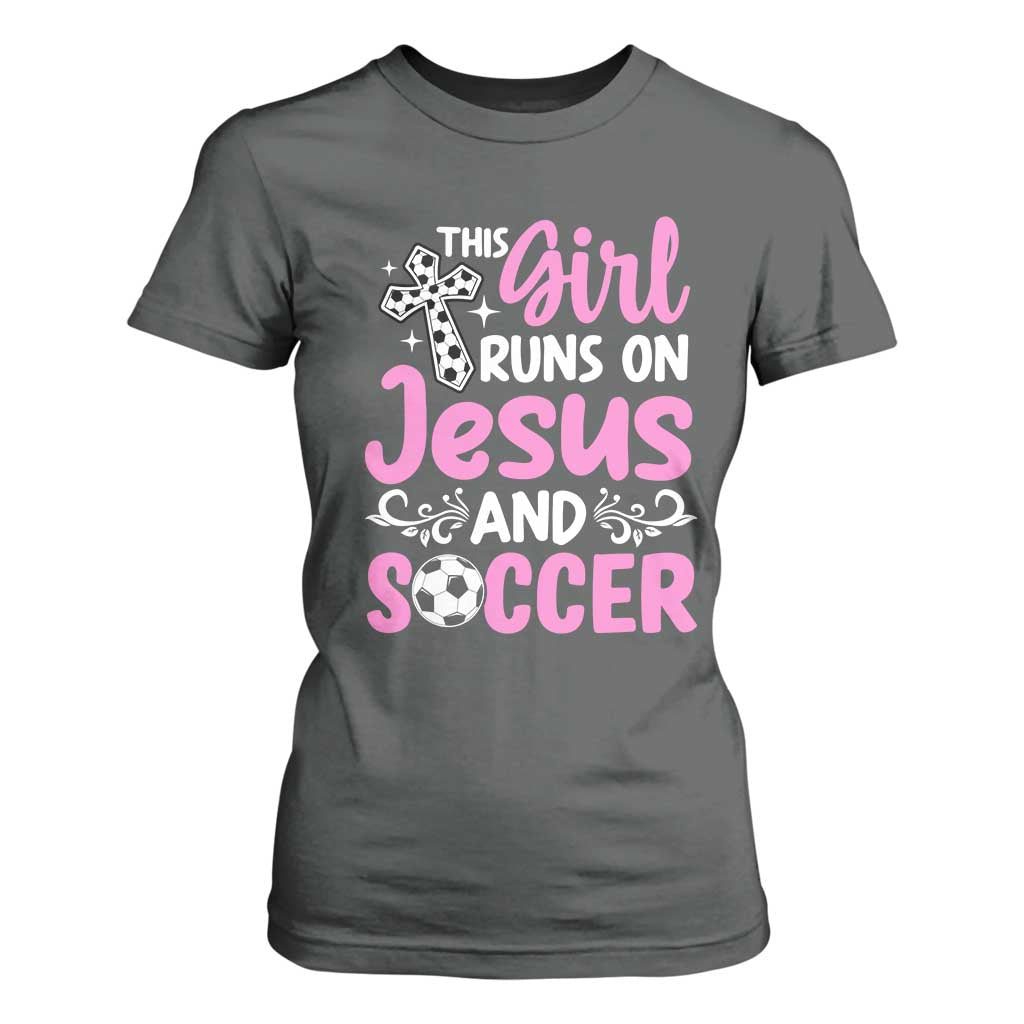 This Girl Runs On Jesus And Soccer T Shirt For Women Christian Soccer Mom TS12 Dark Heather Print Your Wear