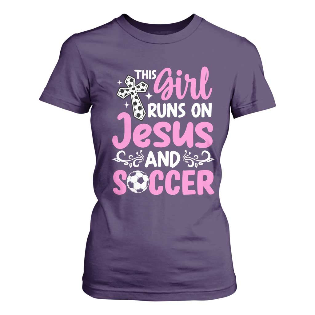 This Girl Runs On Jesus And Soccer T Shirt For Women Christian Soccer Mom TS12 Purple Print Your Wear