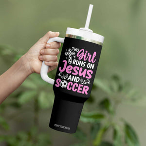 This Girl Runs On Jesus And Soccer Tumbler With Handle Christian Soccer Mom TS12 Print Your Wear
