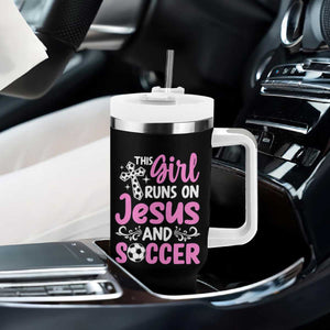 This Girl Runs On Jesus And Soccer Tumbler With Handle Christian Soccer Mom TS12 Print Your Wear