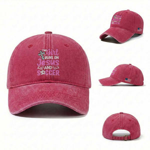 This Girl Runs On Jesus And Soccer Washed Cotton Baseball Cap Christian Soccer Mom TS12 Washed Cap Universal Fit Red Print Your Wear