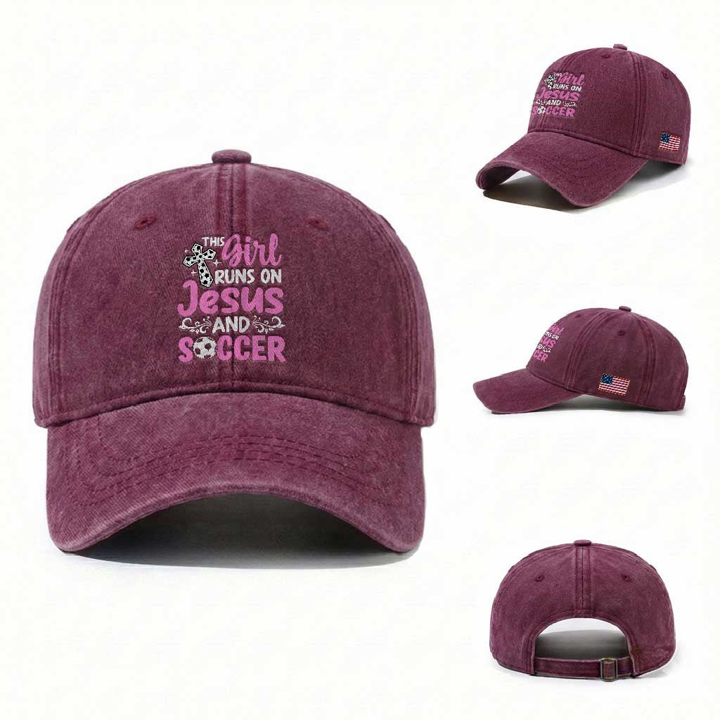 This Girl Runs On Jesus And Soccer Washed Cotton Baseball Cap Christian Soccer Mom TS12 Washed Cap Universal Fit Burgundy Print Your Wear