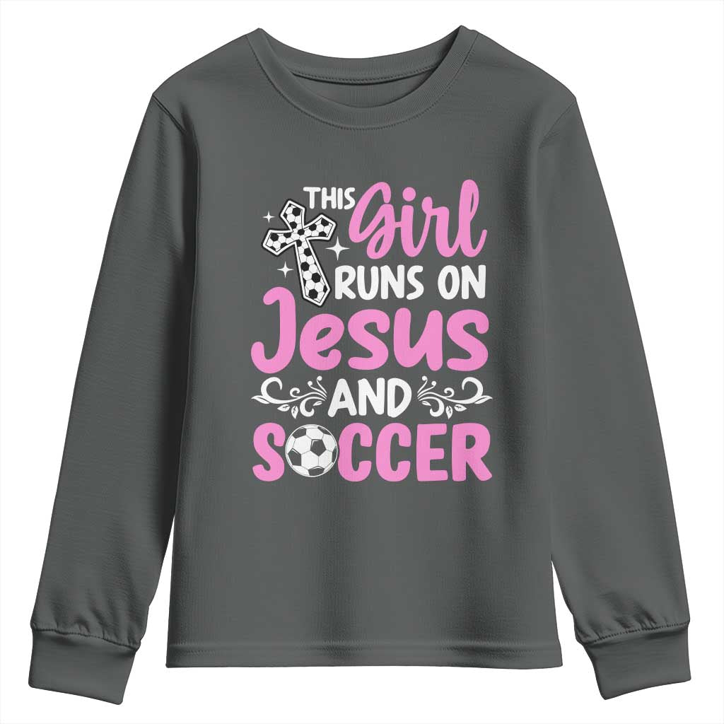 This Girl Runs On Jesus And Soccer Youth Sweatshirt Christian Soccer Mom TS12 Dark Heather Print Your Wear