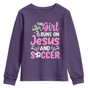 This Girl Runs On Jesus And Soccer Youth Sweatshirt Christian Soccer Mom TS12 Purple Print Your Wear