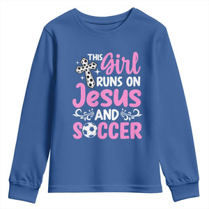 This Girl Runs On Jesus And Soccer Youth Sweatshirt Christian Soccer Mom TS12 Royal Blue Print Your Wear