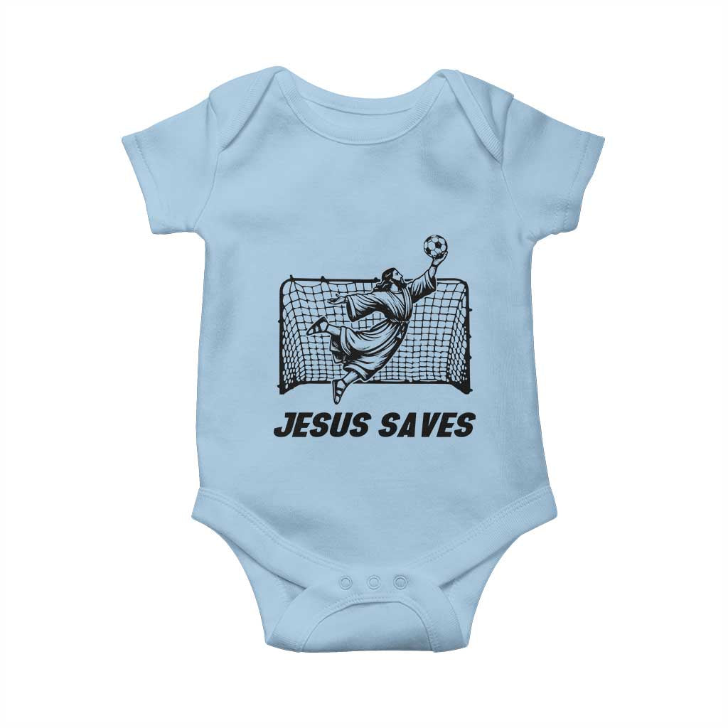 Jesus Saves Baby Onesie Funny Christian Soccer Goalie TS12 Light Blue Print Your Wear