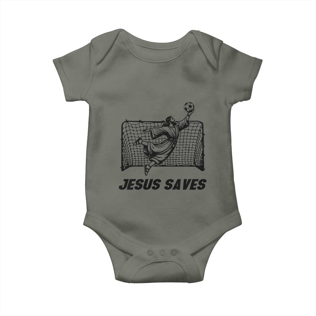 Jesus Saves Baby Onesie Funny Christian Soccer Goalie TS12 Military Green Print Your Wear