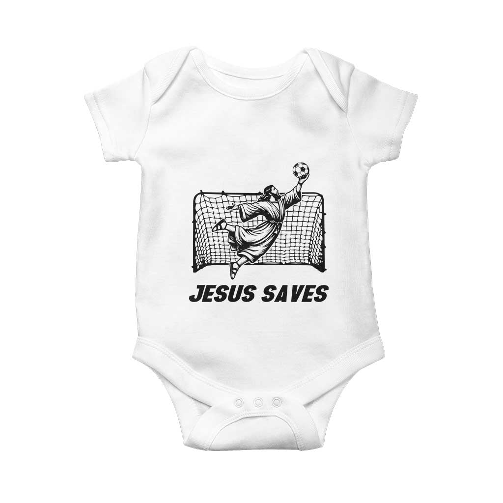 Jesus Saves Baby Onesie Funny Christian Soccer Goalie TS12 White Print Your Wear
