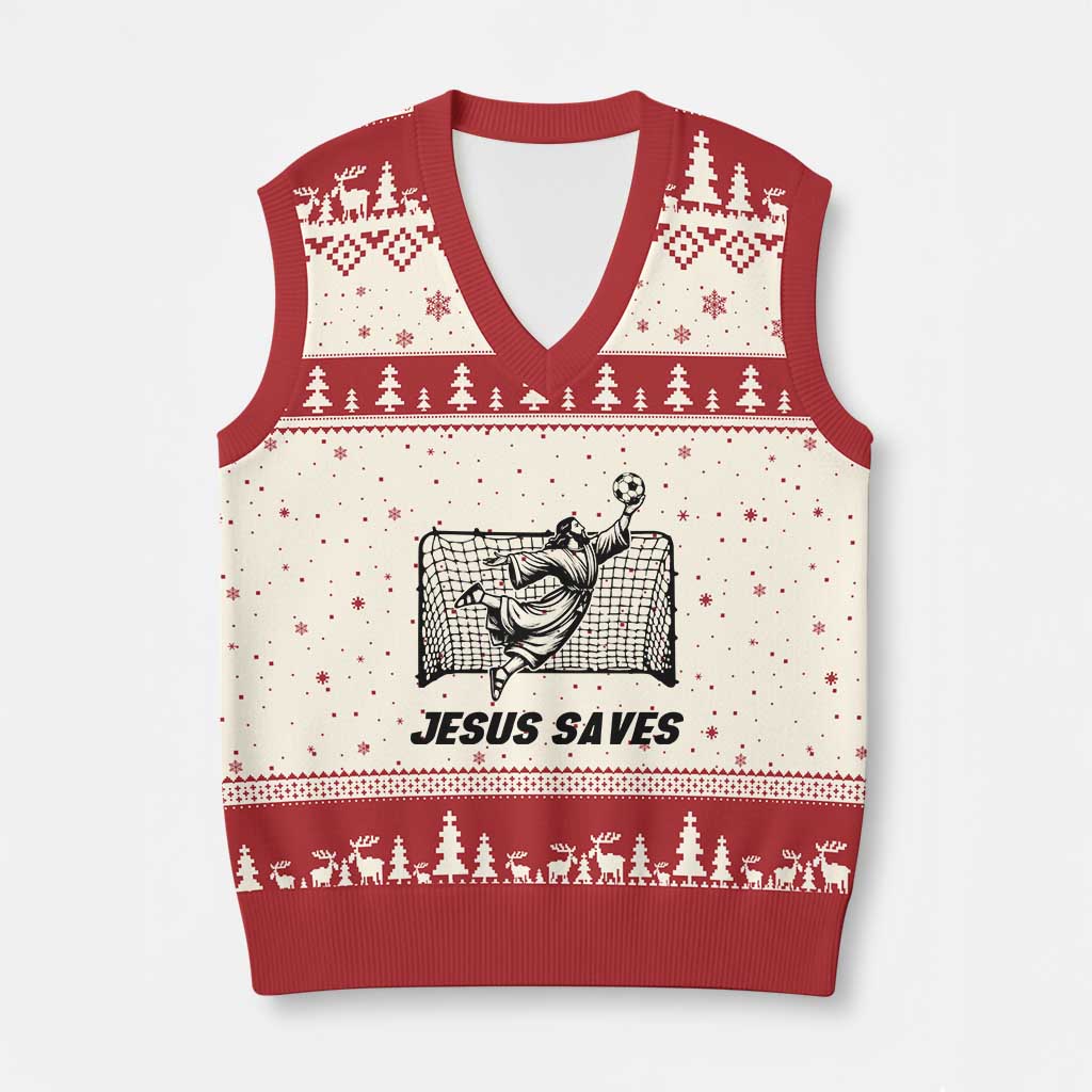 Jesus Saves V-Neck Knit Sweater Vest Funny Christian Soccer Goalie TS12 Beige Red Print Your Wear