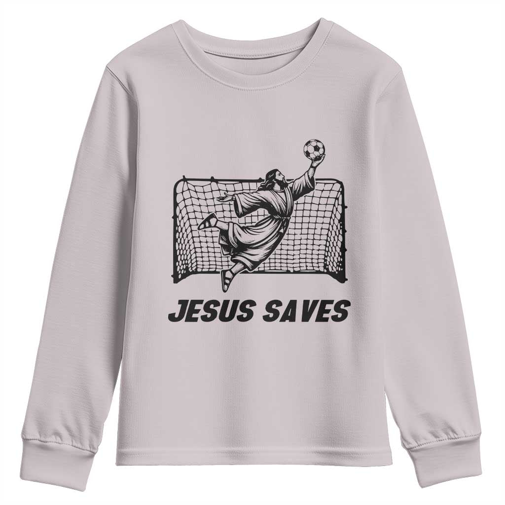 Jesus Saves Youth Sweatshirt Funny Christian Soccer Goalie TS12 Ice Gray Print Your Wear