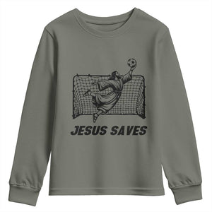 Jesus Saves Youth Sweatshirt Funny Christian Soccer Goalie TS12 Military Green Print Your Wear