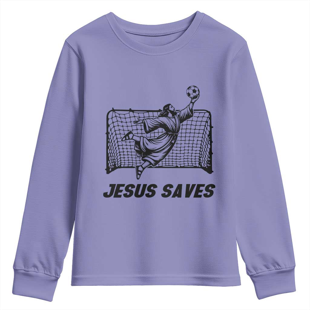 Jesus Saves Youth Sweatshirt Funny Christian Soccer Goalie TS12 Violet Print Your Wear