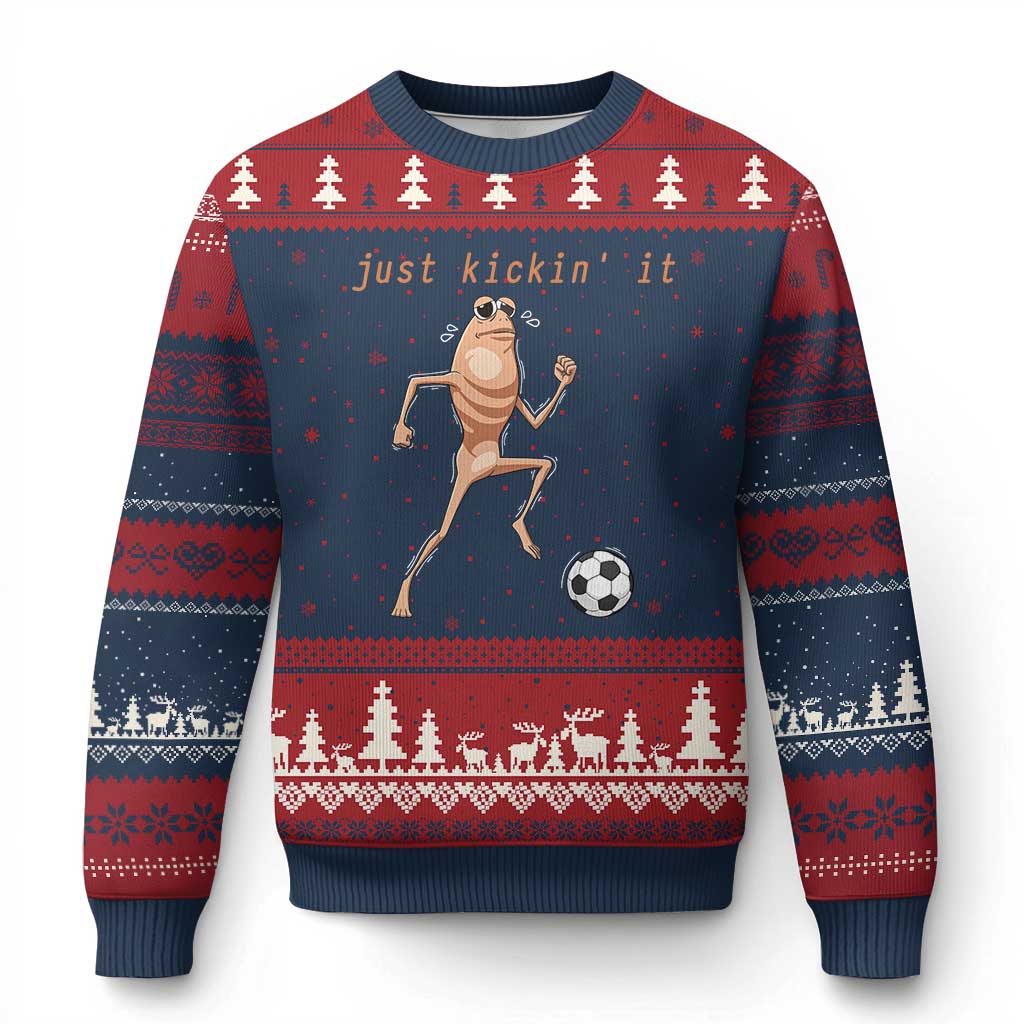 Just Kickin It Ugly Christmas Sweater Funny Marcus The Worm Soccer Meme TS12 Navy Red Print Your Wear