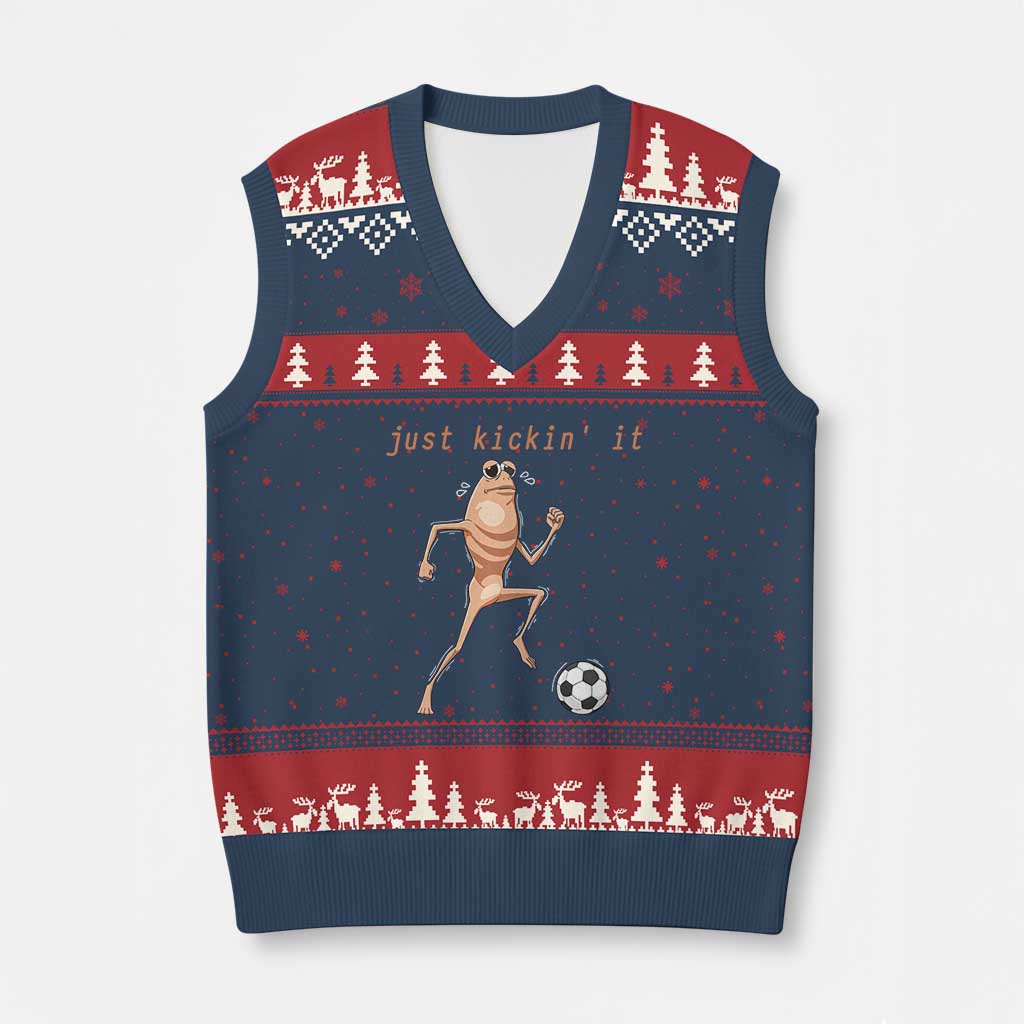 Just Kickin It V-Neck Knit Sweater Vest Funny Marcus The Worm Soccer Meme TS12 Navy Red Print Your Wear