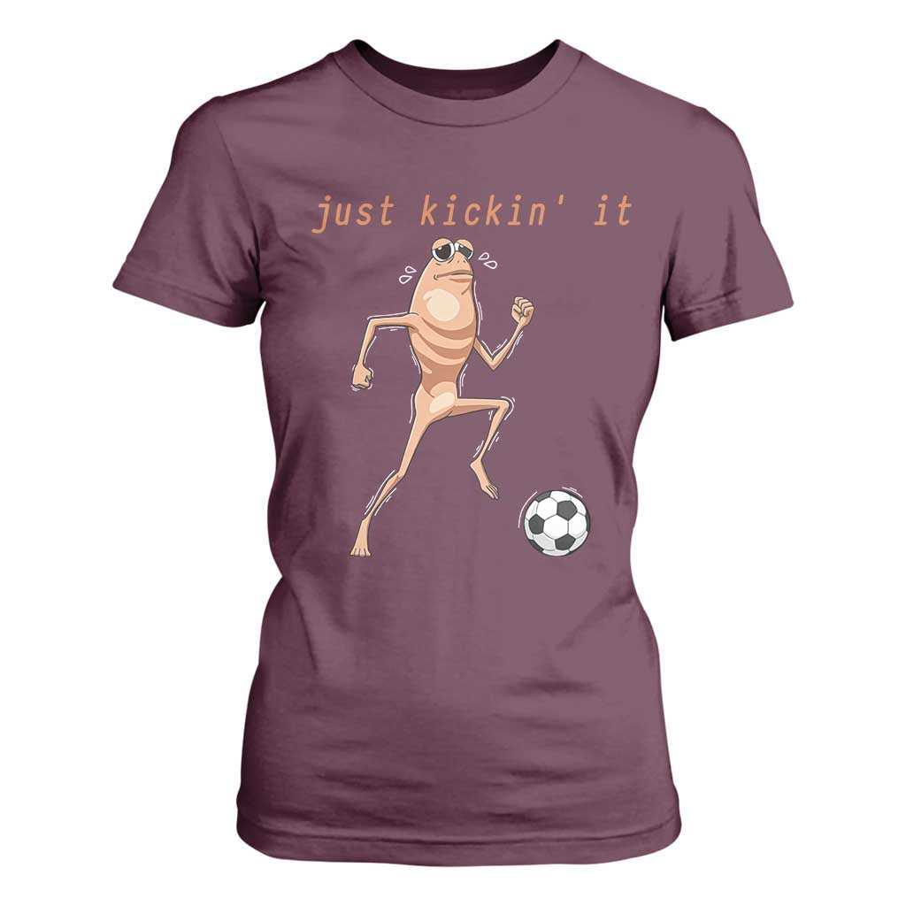 Just Kickin It T Shirt For Women Funny Marcus The Worm Soccer Meme TS12 Maroon Print Your Wear