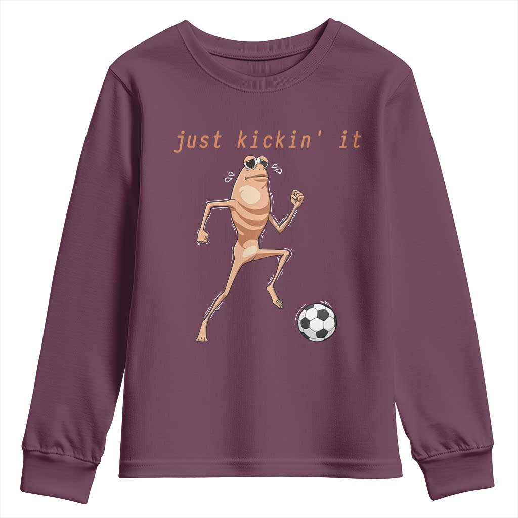 Just Kickin It Youth Sweatshirt Funny Marcus The Worm Soccer Meme TS12 Maroon Print Your Wear